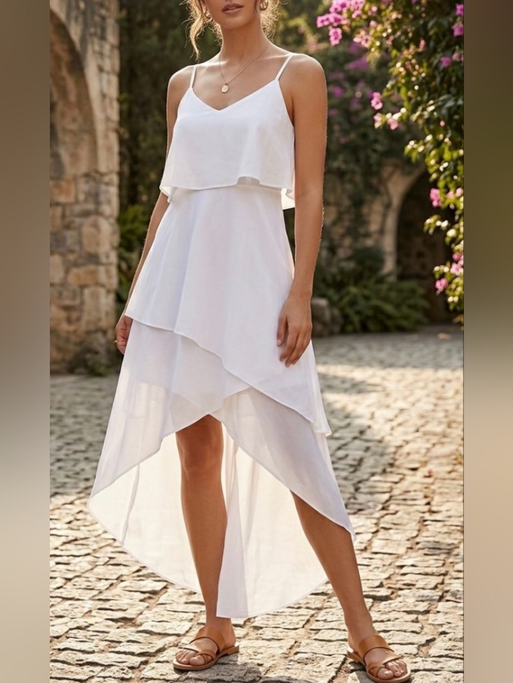 BCBG White Chiffon Maxi Dress High Low Layered Summer Ruffle Sundress (NWT)